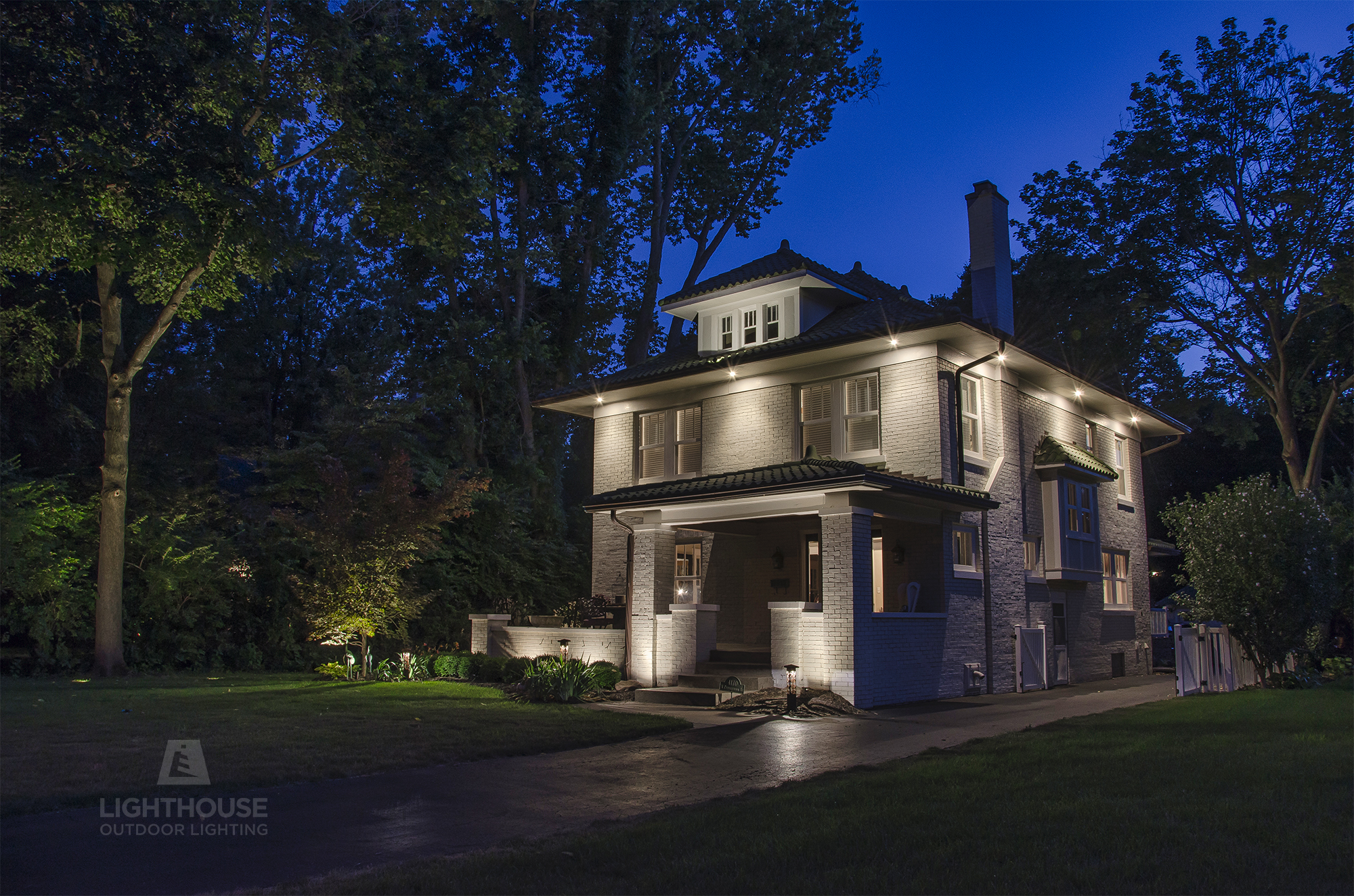Two-story home with permanent lighting